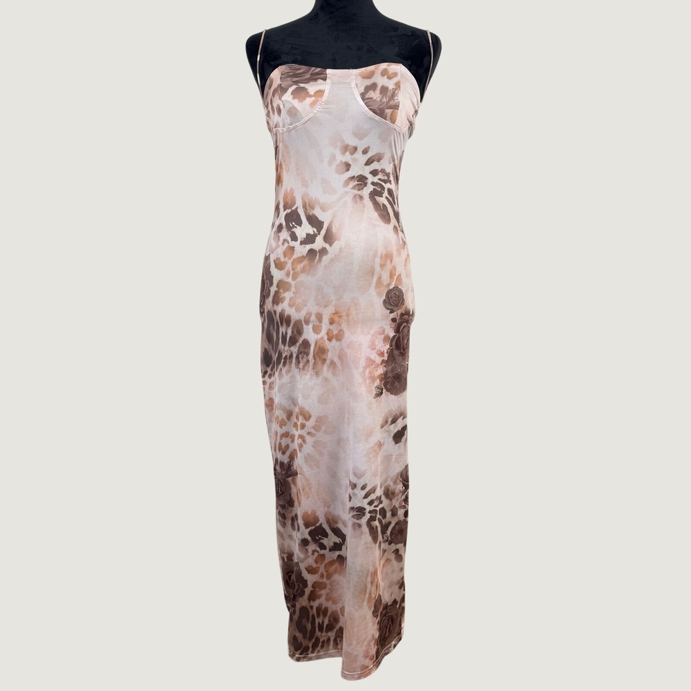 Maxi Slip Dress Leopard Rose Print Blush Pink Brown Large (Medium Fit) Coquette